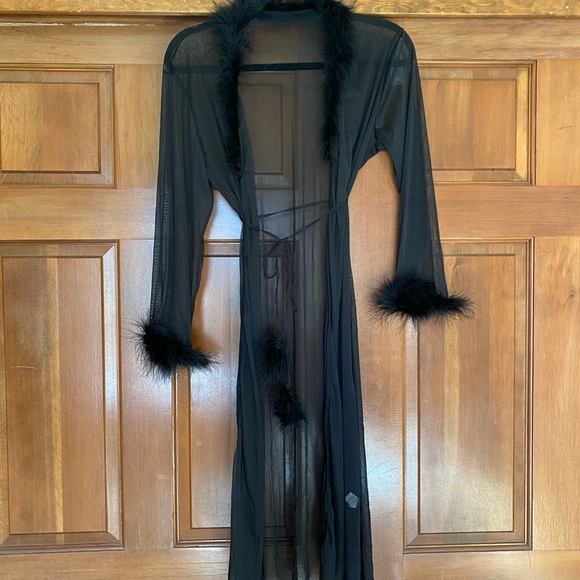 Robe, nighty and thong underwear set. Black with boa feather style trim accents. - Picture 4 of 10